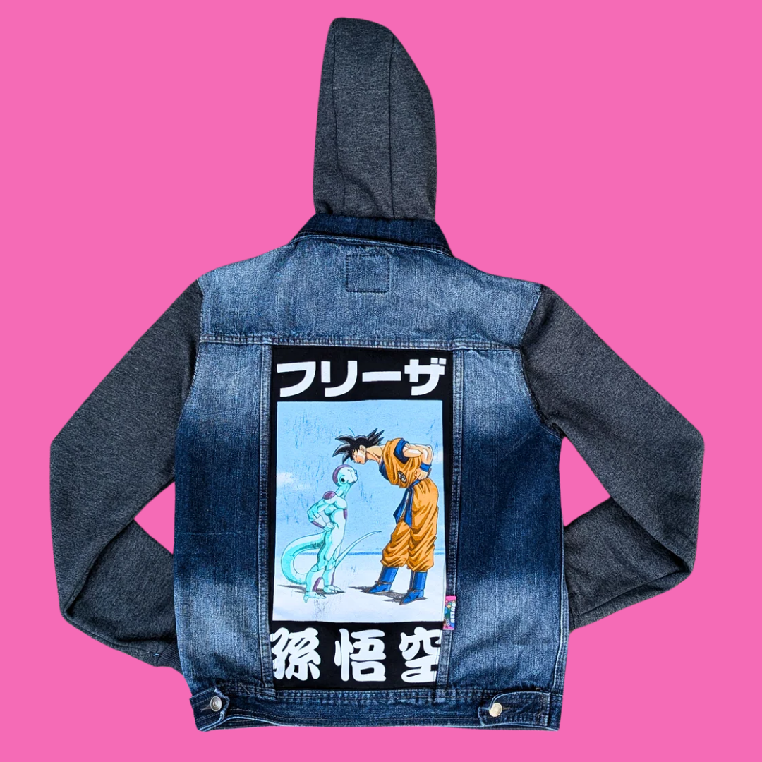 Dragon Ball Z Upcycled T-Shirt Denim Jacket with Hoodie Size M