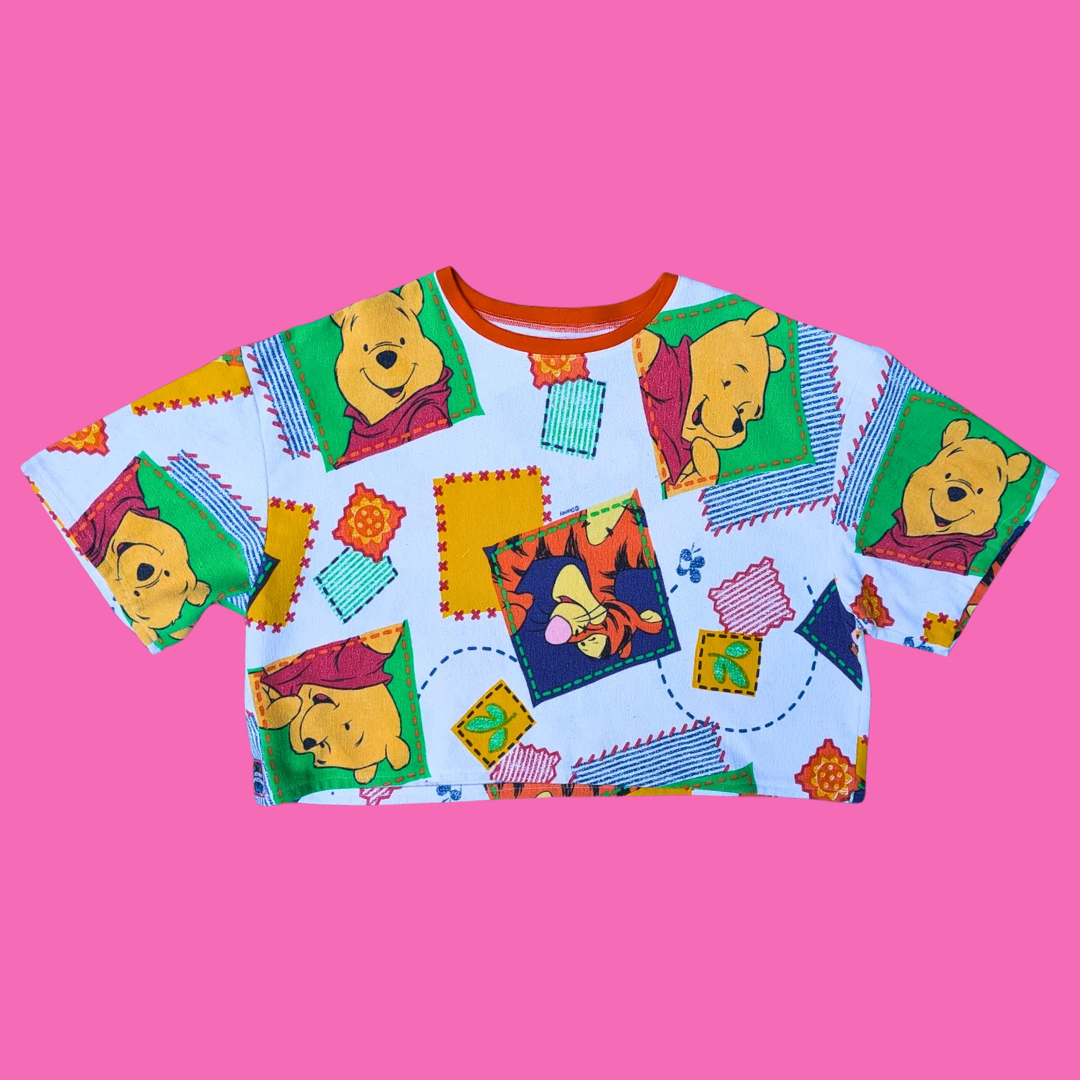Handmade, Upcycled Walt Disney's Winnie The Pooh Flannel Bedsheet Crop Top Oversized XL, Fitted 2XL
