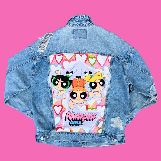 The Powerpuff Girls Upcycled T-Shirt Denim Jacket Size M for Women