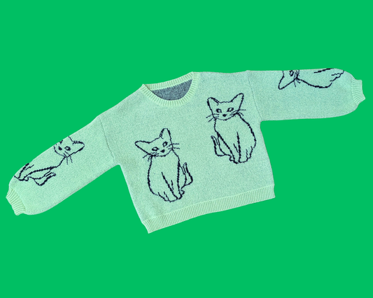 Pull vert Y2K, moelleux, motif chat, taille ML