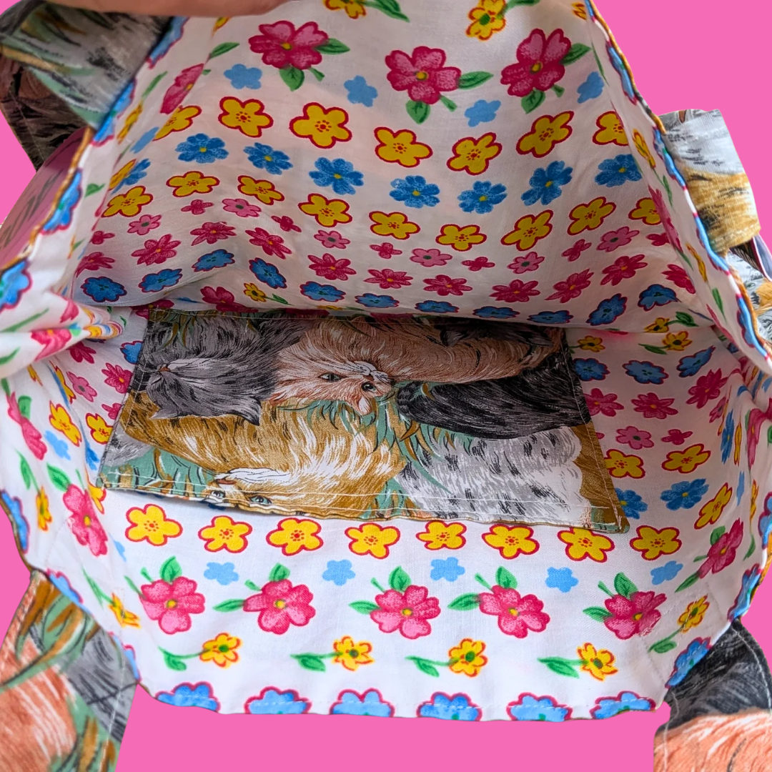 Sac fourre-tout en tissu à motif de chat fait main et recyclé