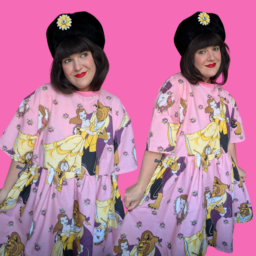 Robe drap de lit La Belle et la Bête de Walt Disney, faite main, recyclée, taille XL (surtaillée), taille 2XL (ajustée)