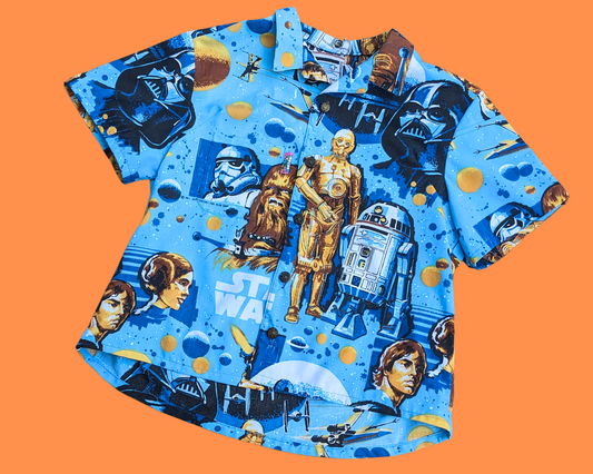 Handmade, Upcycled Vintage 1977 Star Wars Bedsheet Short Sleeve Button Down Shirt XL