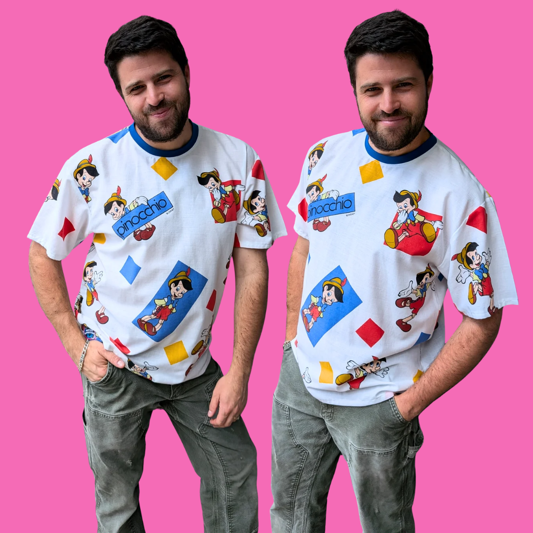 Handmade, Upcycled Walt Disney's Pinocchio Bedsheet T-Shirt Oversized S-M, Fitted L-XL