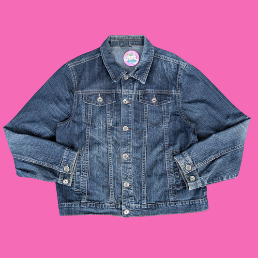 The Simpsons, Omer Simpson + Duff Beer Upcycled T-Shirt Denim Jacket Size L for Men