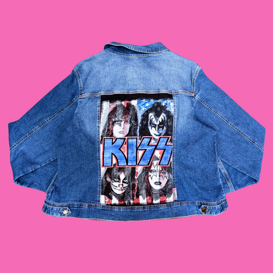 Kiss Upcycled T-Shirt Denim Jacket Size 2XL