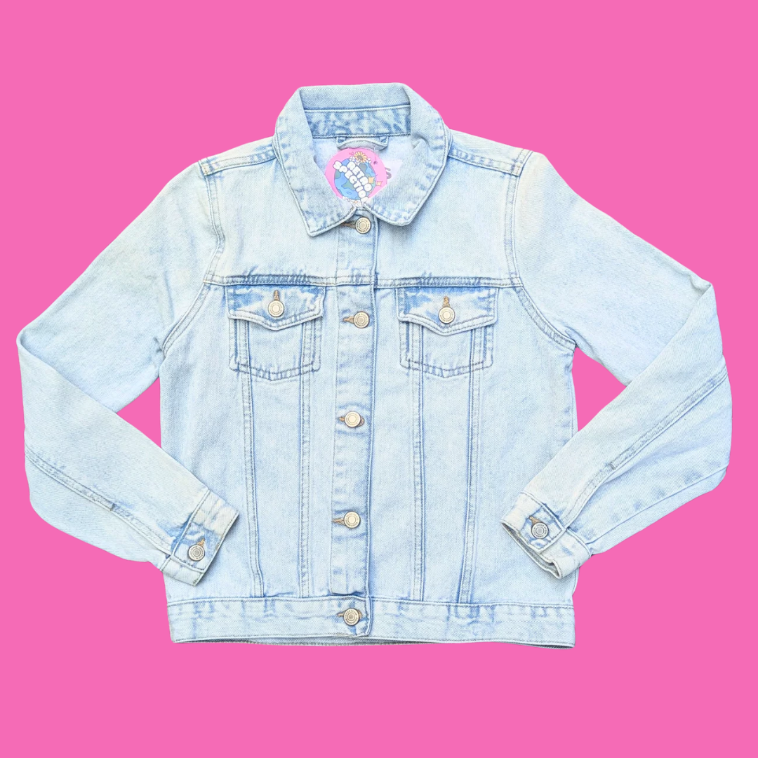 "Get In Loser, We Are Going Hexing" Upcycled T-Shirt Denim Jacket Size S for Women (Size M for Kids)