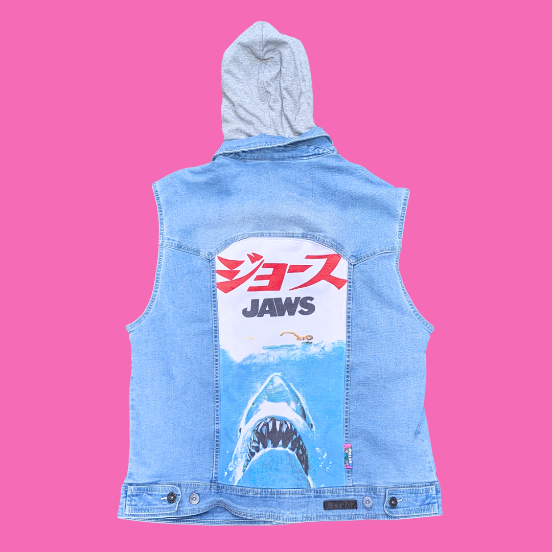 Jaws Upcycled T-Shirt Sleeves Denim Jacket with Hoodie Size XL