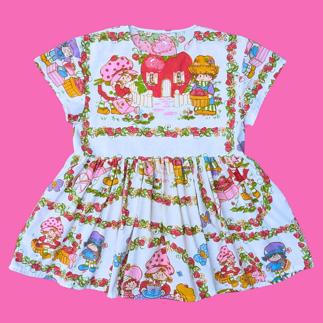 Handmade, Upcycled Strawberry Shortcake Bedsheet Dress Fits an Oversized S-M or Fitted L-XL