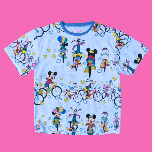 Handmade, Upcycled Walt Disney's Mickey and Friends on Bikes Bedsheet T-Shirt Oversized S-M, Fitted L-XL