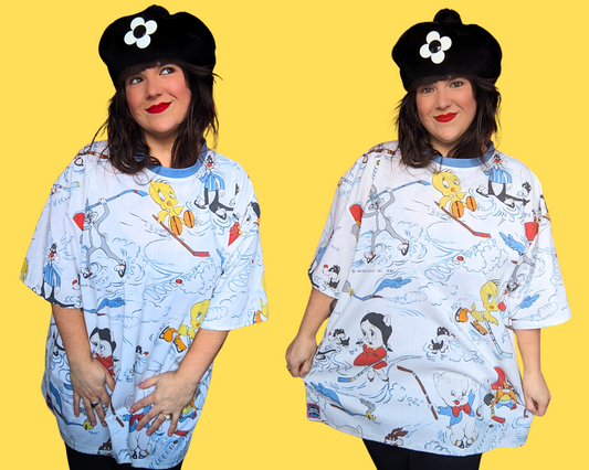 Handmade, Upcycled Vintage 1980 The Looney Tunes Playing Hockey Bedsheet T-Shirt Oversized XL