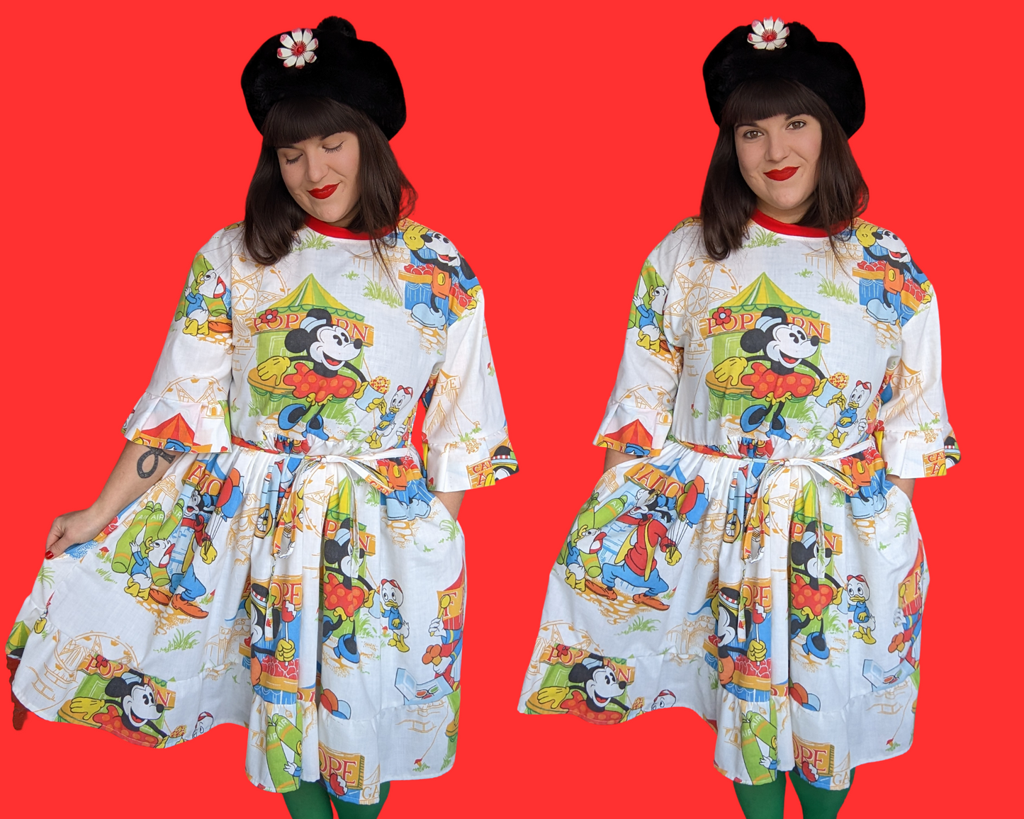 Handmade, Upcycled Disney Mickey Mouse and the Gang at The Carnival Bedsheet T-Shirt Dress Fits S-M-L-XL