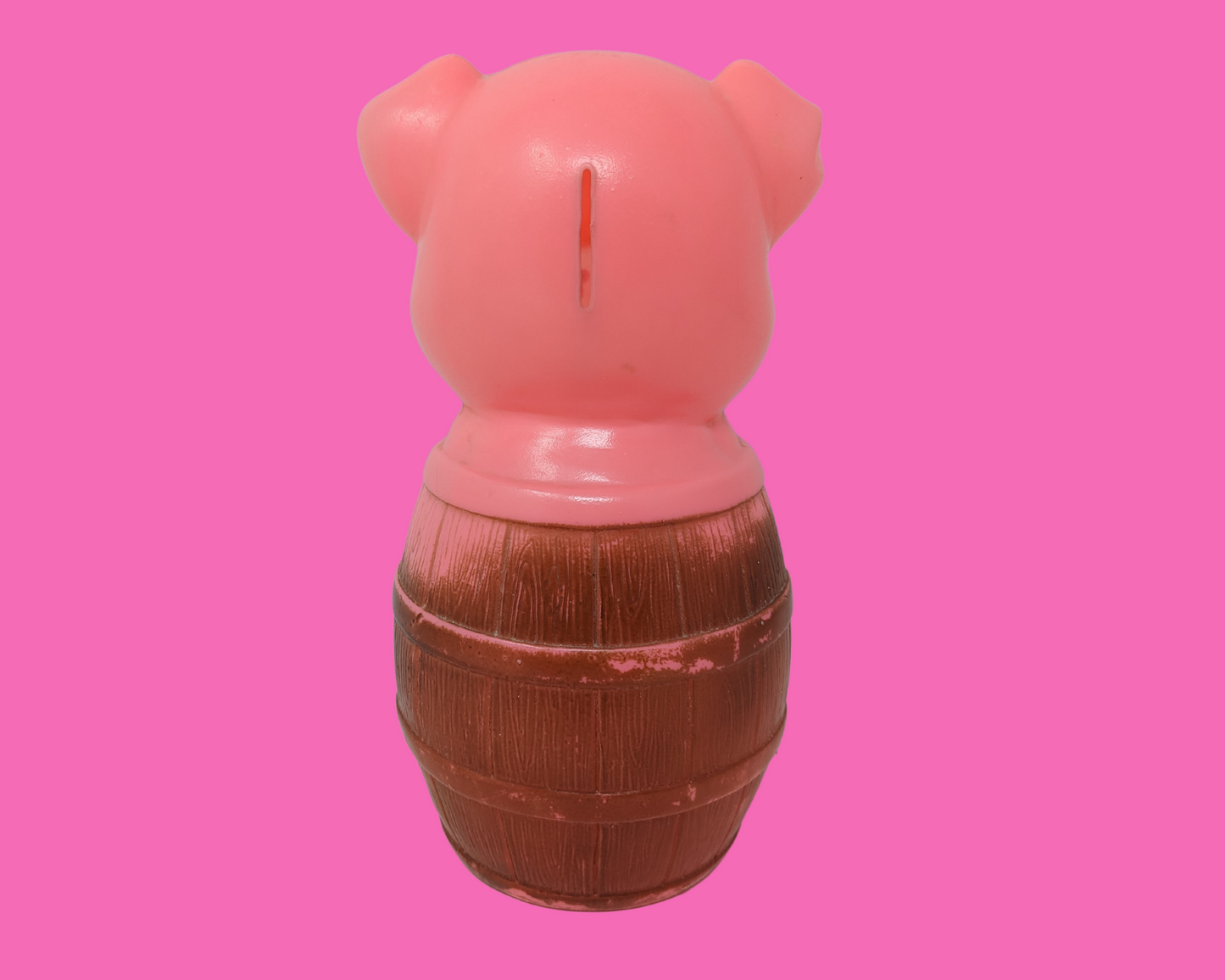 Tirelire en plastique vintage des années 1960, cochon dans un tonneau
