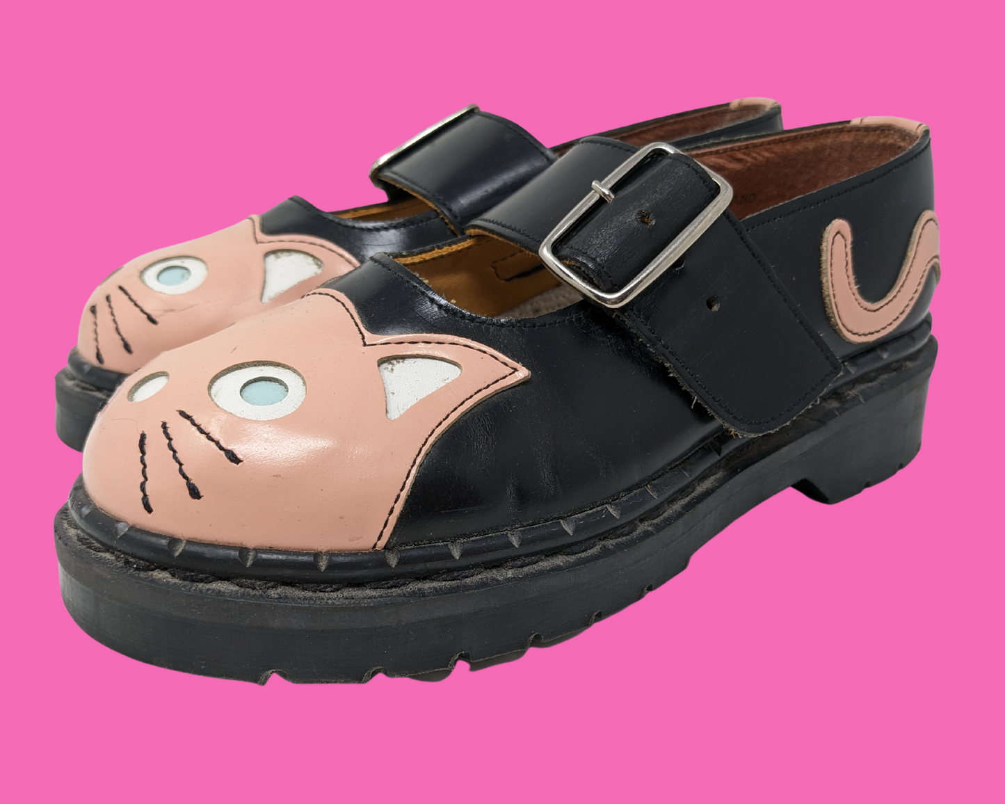 Vintage 1990's Tredair England Pink and Black Leather Kitties Shoes Size US 6.5