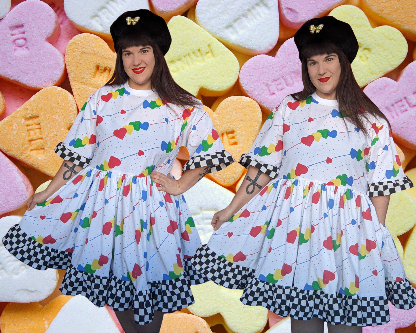 Handmade, Upcycled Valentine's Day Themed T-Shirt Dress, Colourful Hearts Bedsheet and Black and White Checkers Trim Fits S-M-L-XL