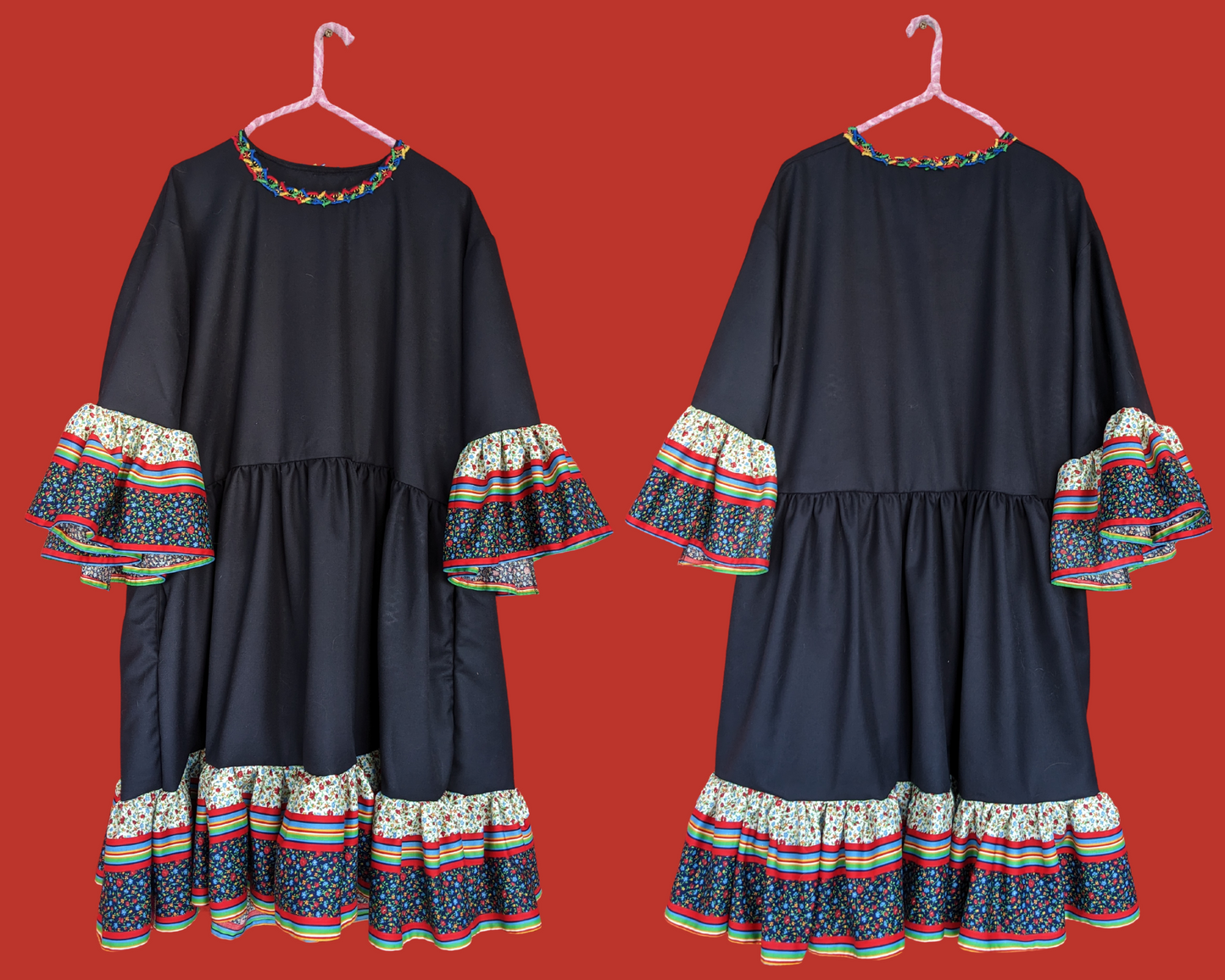 Handmade, Upcycled Black Fabric with Vintage 1970's Floral Fabric T-Shirt Dress Fits S-M-L-XL