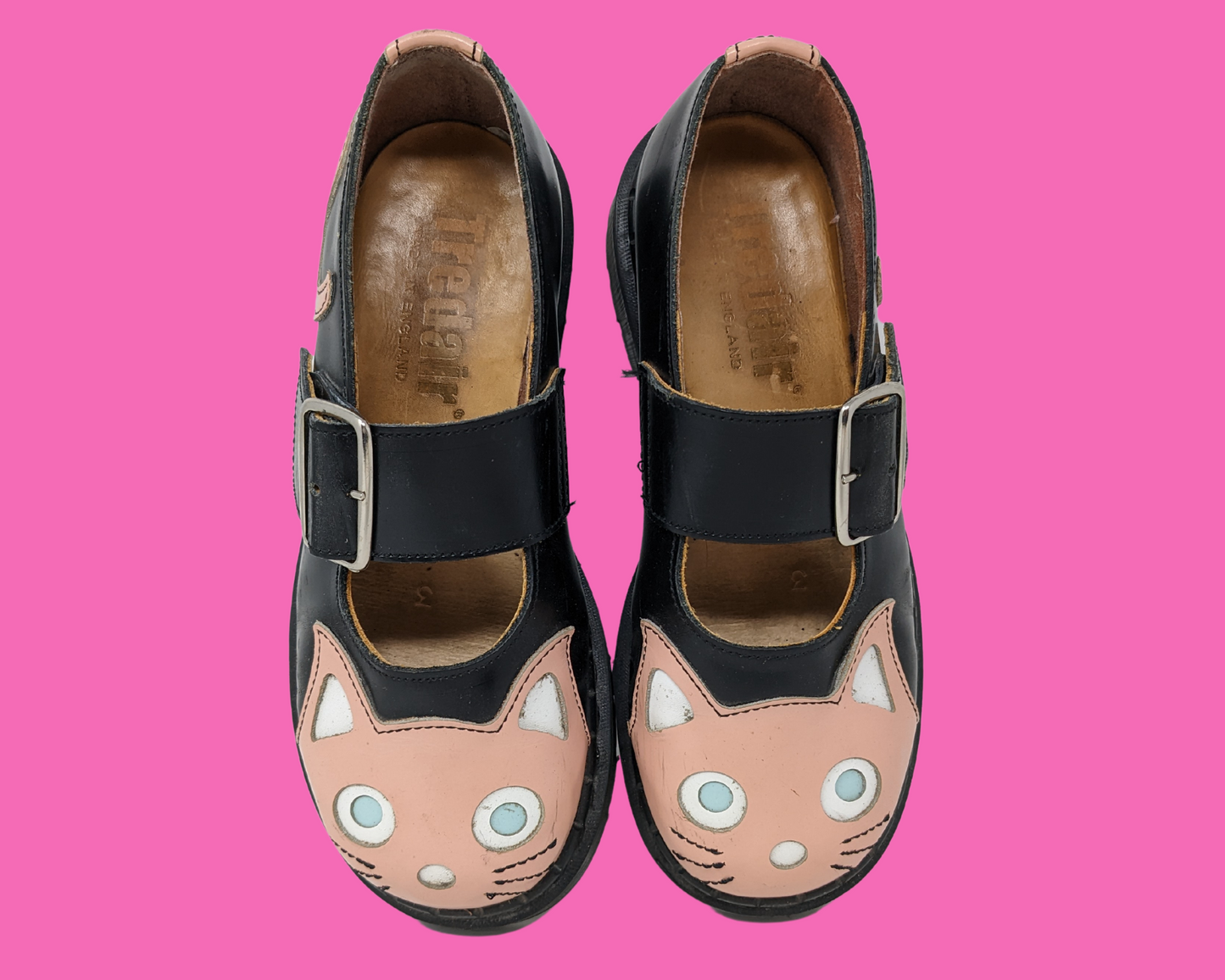 Vintage 1990's Tredair England Pink and Black Leather Kitties Shoes Size US 6.5