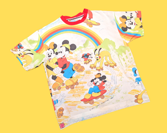 Handmade, Upcycled Mickey Mouse and Friends Vintage 1980's Bedsheet T-Shirt Oversized XS - Fits Like A Size M