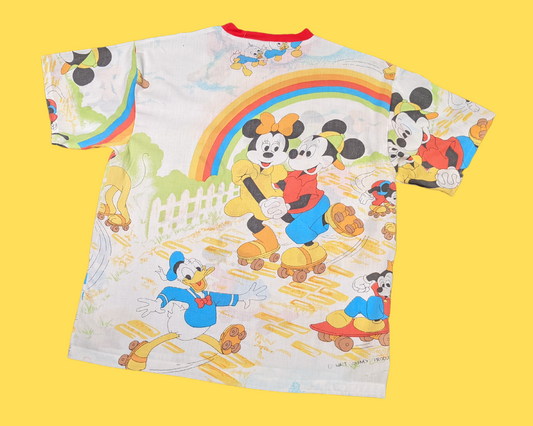 Handmade, Upcycled Mickey Mouse and Friends Vintage 1980's Bedsheet T-Shirt Oversized XS - Fits Like A Size M