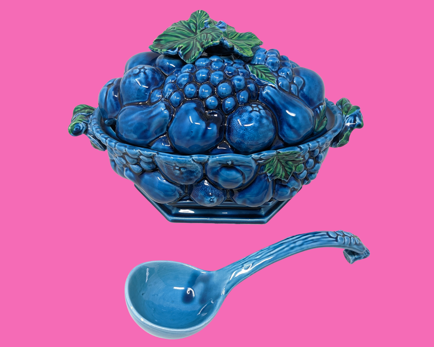 Vintage 1970's Inarco Japon Fruits, Bleu et Vert, Récipient à Soupe avec Couvercle et Louche