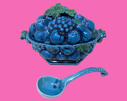 Vintage 1970's Inarco Japan Fruits, Blue and Green, Soup Container with Lid and Laddle