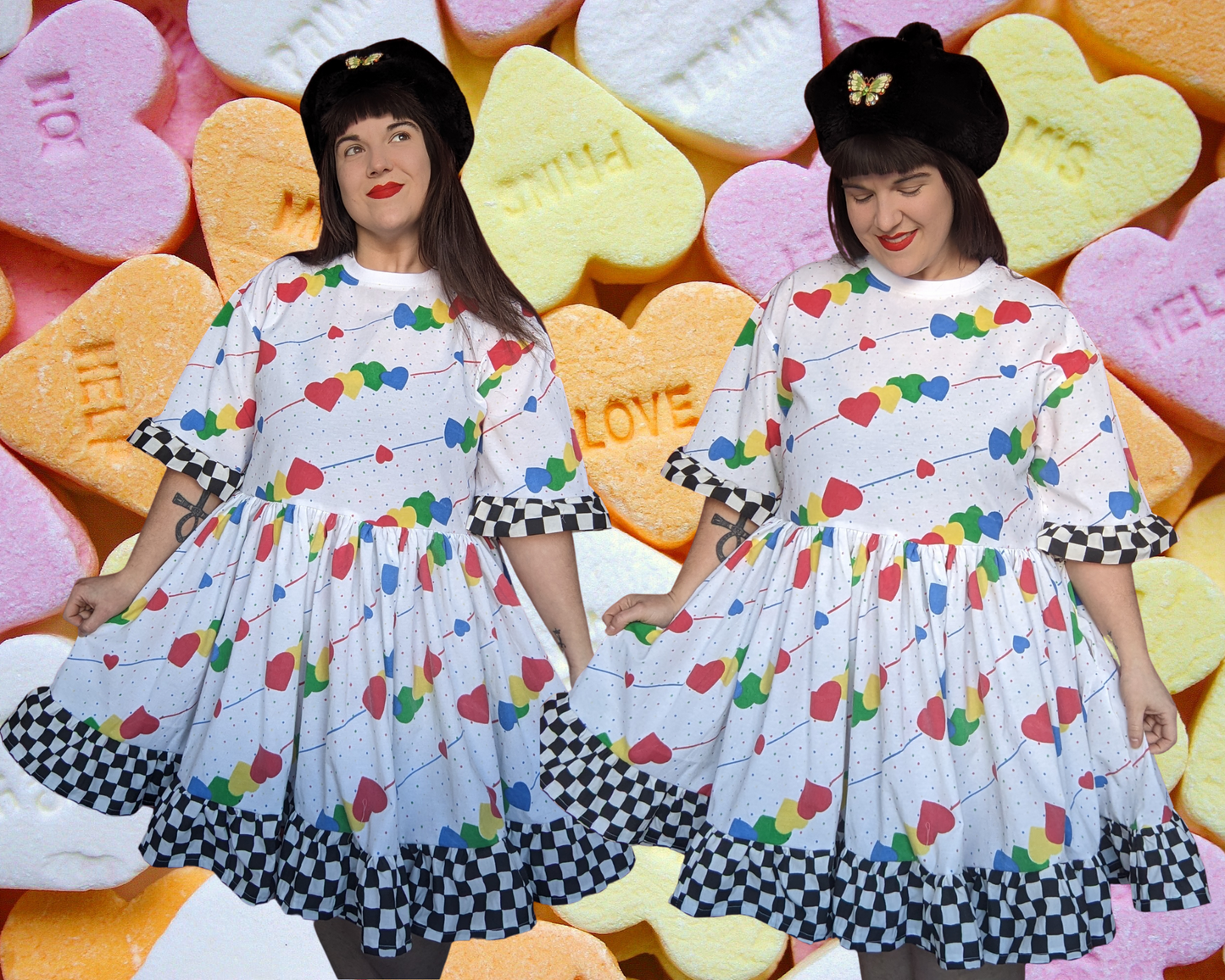 Handmade, Upcycled Valentine's Day Themed T-Shirt Dress, Colourful Hearts Bedsheet and Black and White Checkers Trim Fits S-M-L-XL