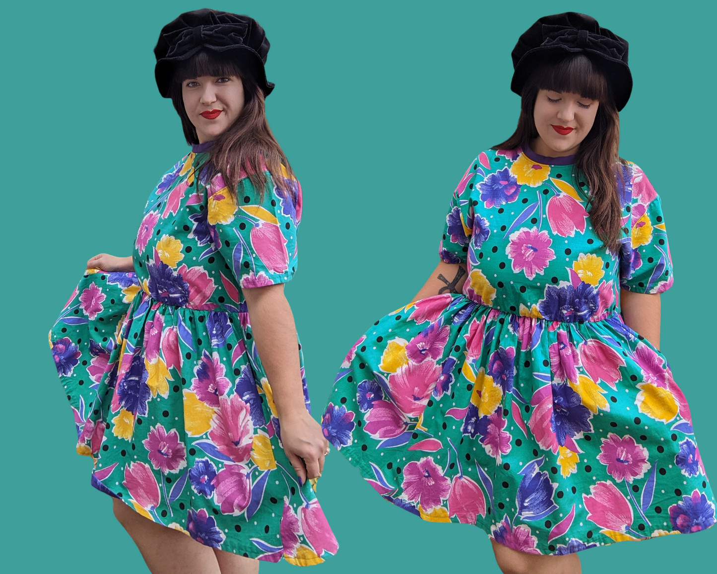Handmade, Upcycled Vintage 1980's Floral Fabric T-Shirt Dress Fits S-M-L-XL