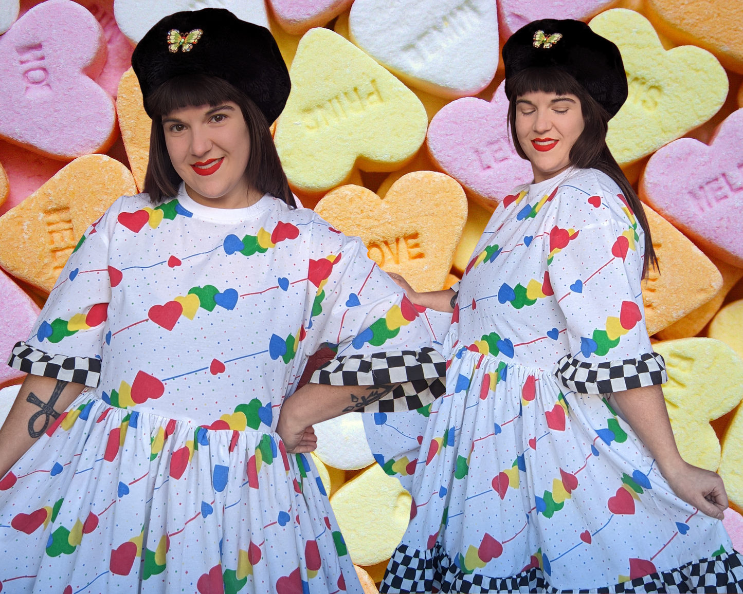 Handmade, Upcycled Valentine's Day Themed T-Shirt Dress, Colourful Hearts Bedsheet and Black and White Checkers Trim Fits S-M-L-XL