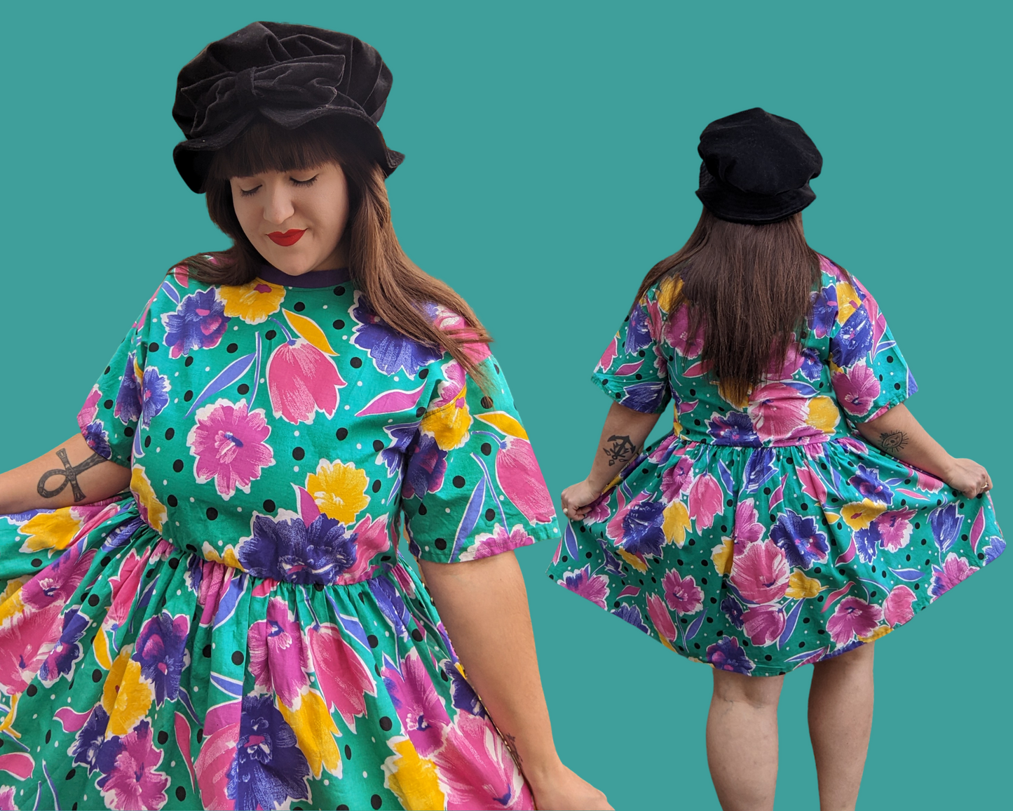 Handmade, Upcycled Vintage 1980's Floral Fabric T-Shirt Dress Fits S-M-L-XL