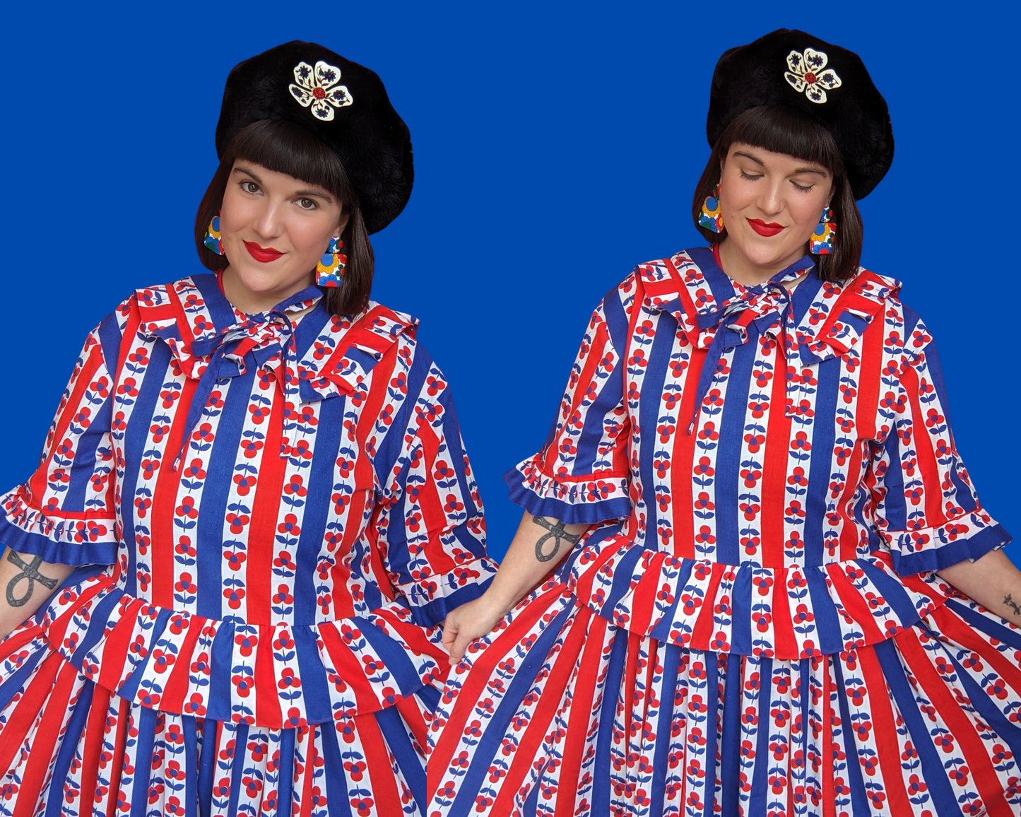 Handmade, Upcycled Vintage 1960's Blue and Red Floral Bedsheet Dress with Matching Detachable Collar Size S-M-L-XL