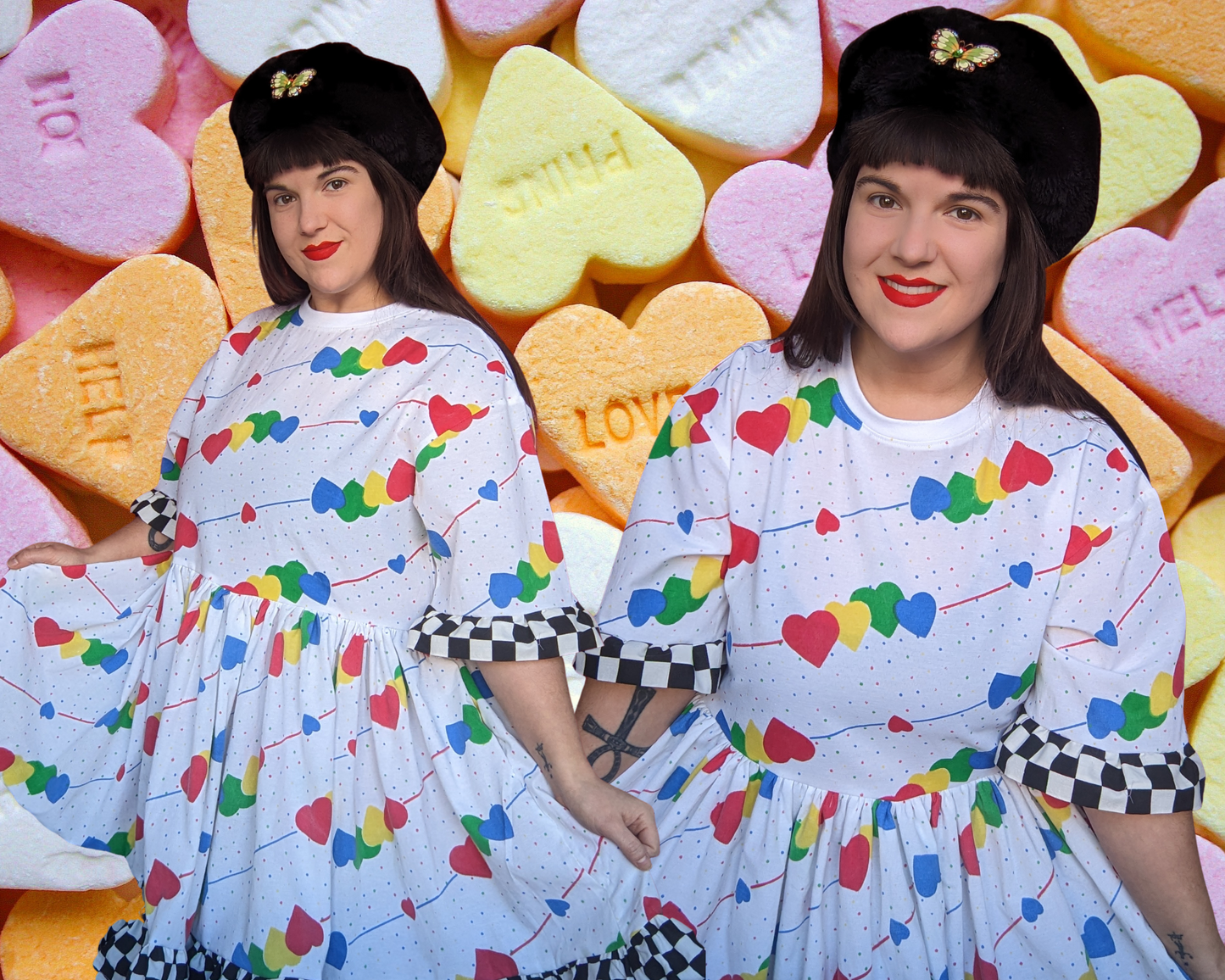 Handmade, Upcycled Valentine's Day Themed T-Shirt Dress, Colourful Hearts Bedsheet and Black and White Checkers Trim Fits S-M-L-XL
