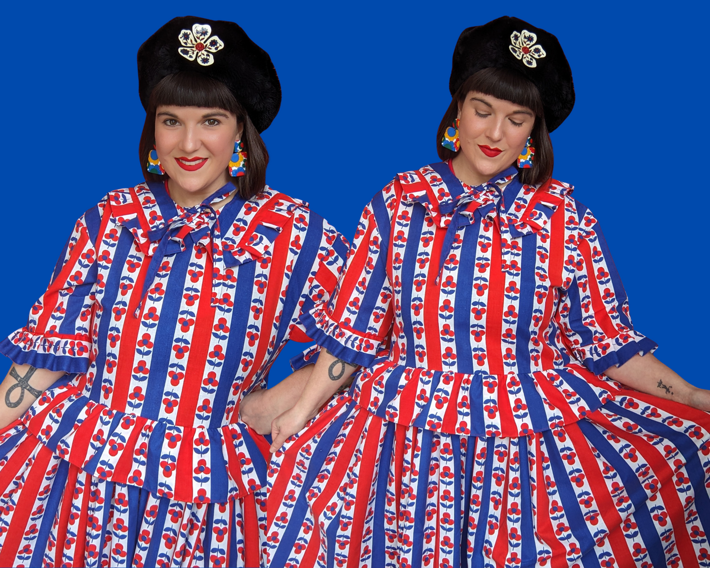 Handmade, Upcycled Vintage 1960's Blue and Red Floral Bedsheet Dress with Matching Detachable Collar Size S-M-L-XL