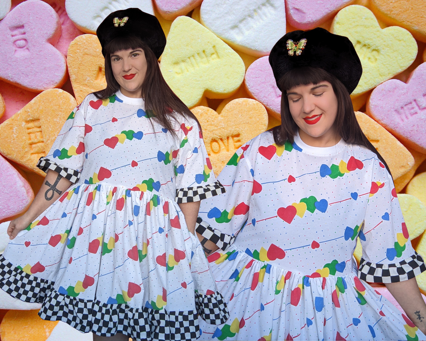 Handmade, Upcycled Valentine's Day Themed T-Shirt Dress, Colourful Hearts Bedsheet and Black and White Checkers Trim Fits S-M-L-XL