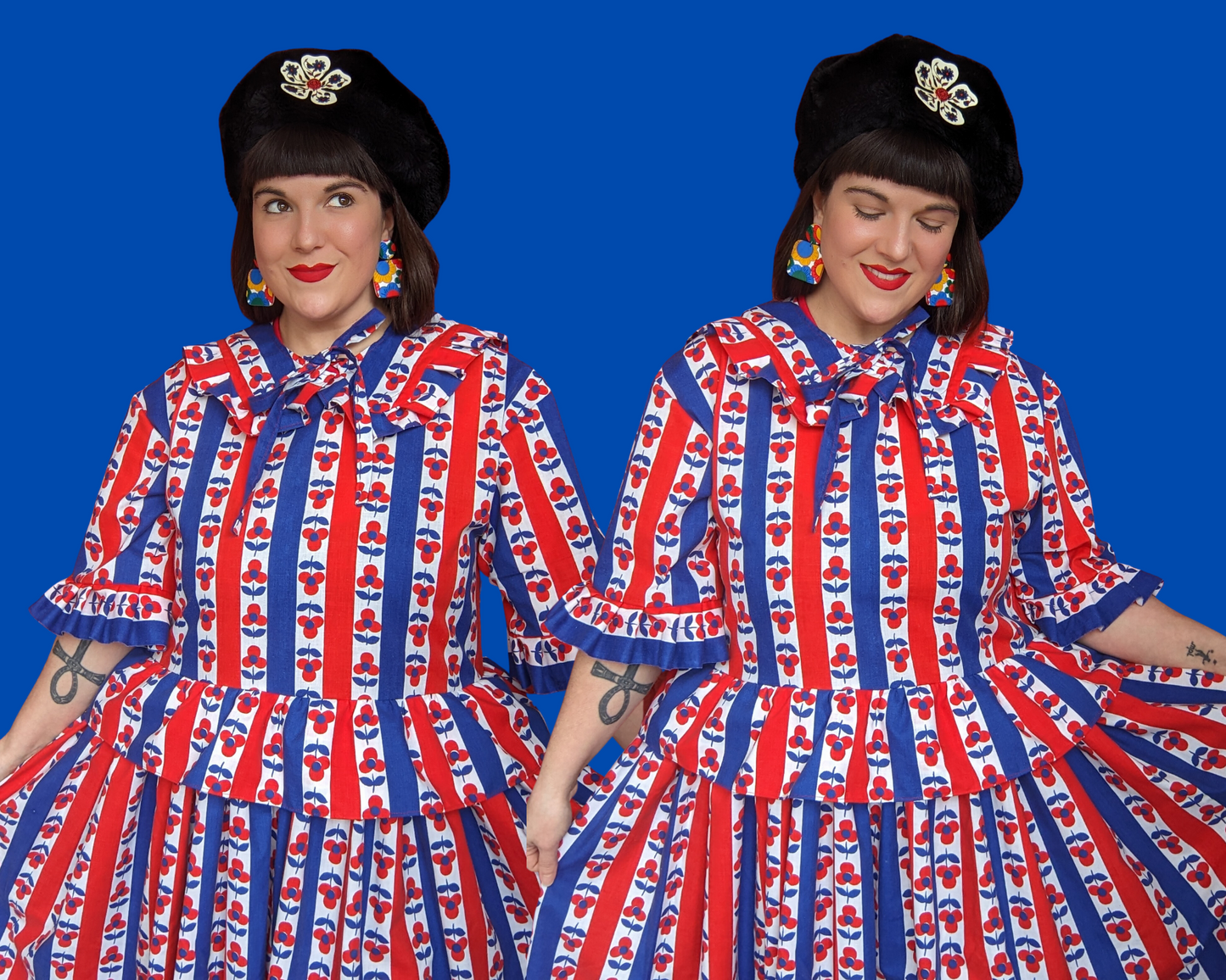 Handmade, Upcycled Vintage 1960's Blue and Red Floral Bedsheet Dress with Matching Detachable Collar Size S-M-L-XL