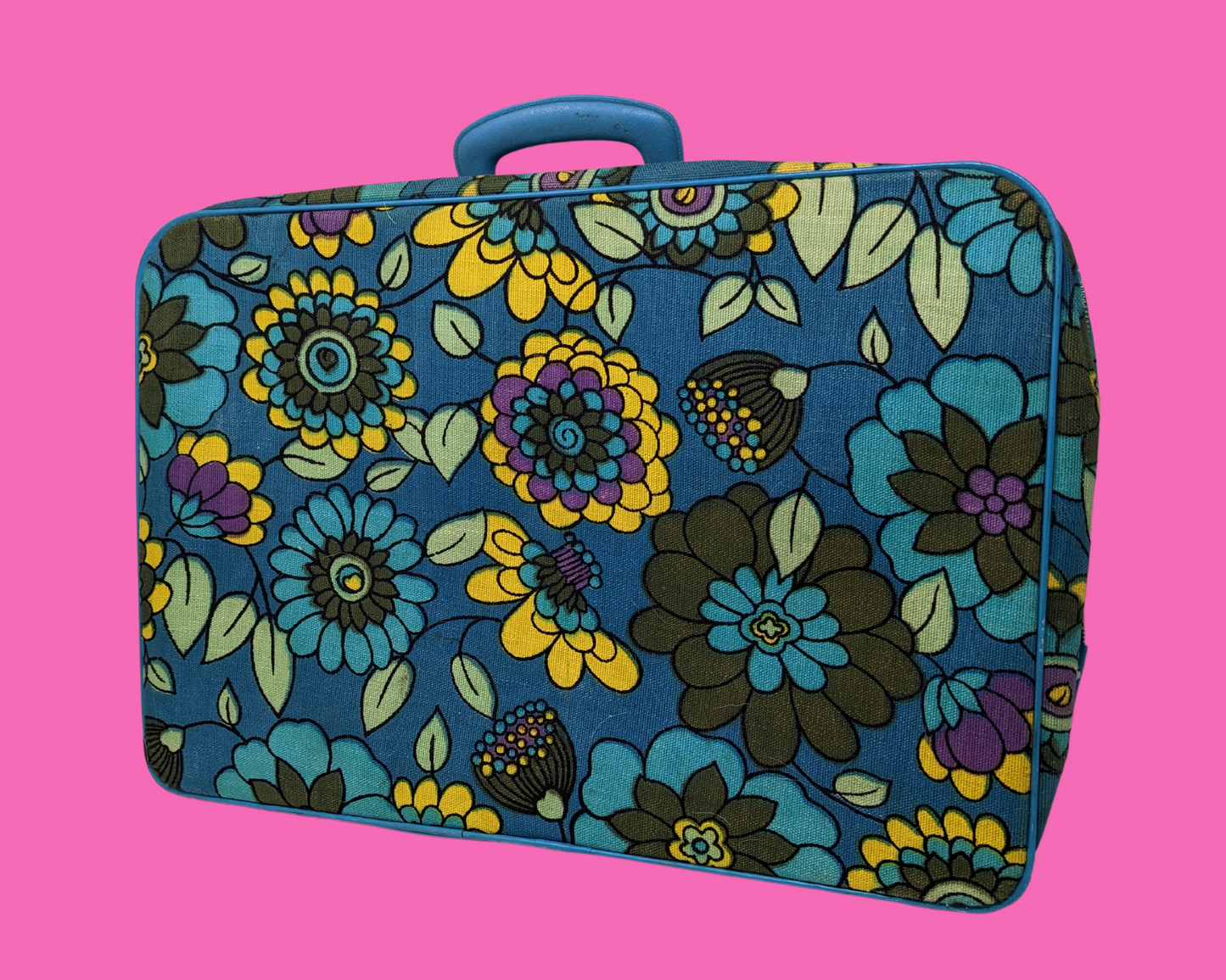 Vintage 1960's Blue, Yellow, Green and Purple Floral Groovy Small Suitcase