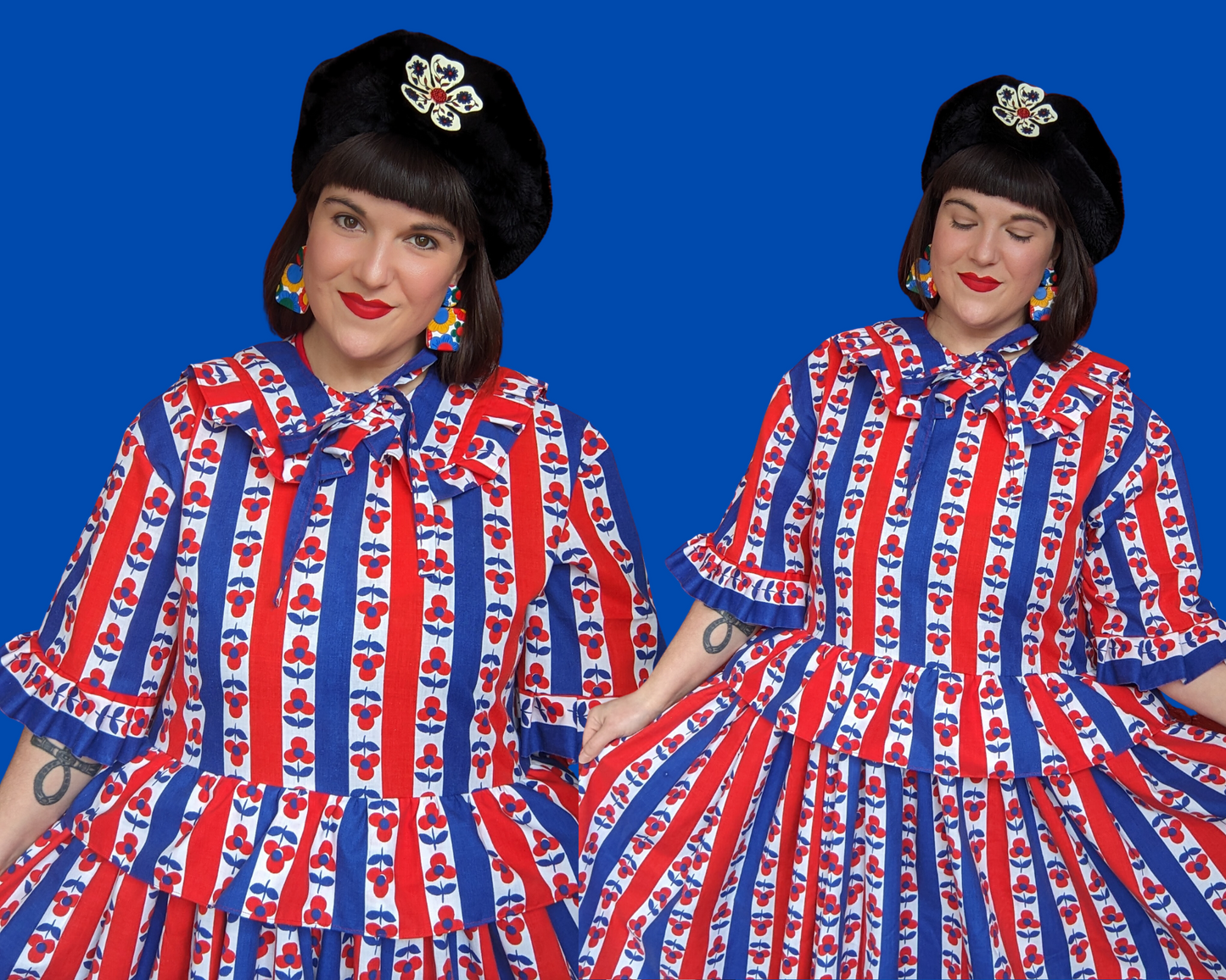 Handmade, Upcycled Vintage 1960's Blue and Red Floral Bedsheet Dress with Matching Detachable Collar Size S-M-L-XL