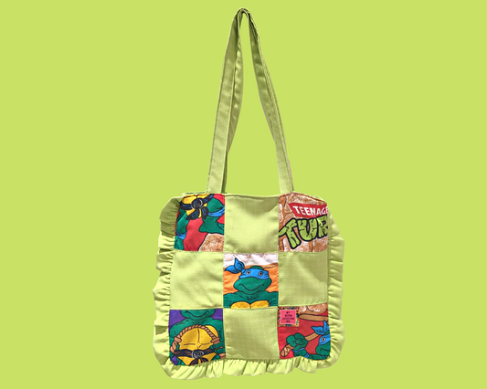 Handmade, Upcycled Vintage Teenage Mutant Ninja Turtles Bedsheet + Green Fabric Small Tote Bag