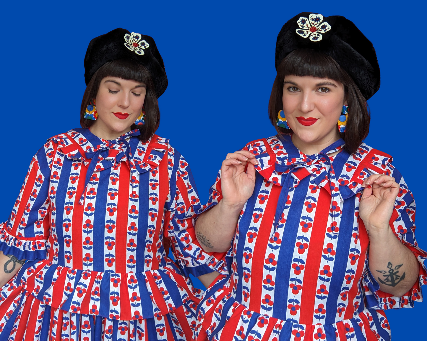 Handmade, Upcycled Vintage 1960's Blue and Red Floral Bedsheet Dress with Matching Detachable Collar Size S-M-L-XL