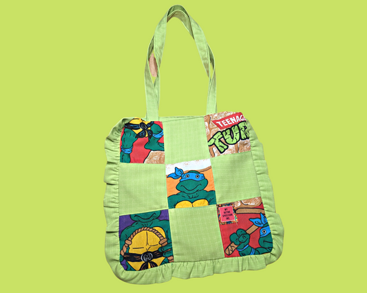 Handmade, Upcycled Vintage Teenage Mutant Ninja Turtles Bedsheet + Green Fabric Small Tote Bag