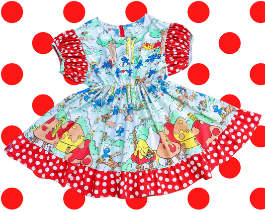 Handmade, Upcycled The Smurfs Bedsheet Dress with Red and White Polka Dot Fabric, Short Puffy Sleeves Size 2XL