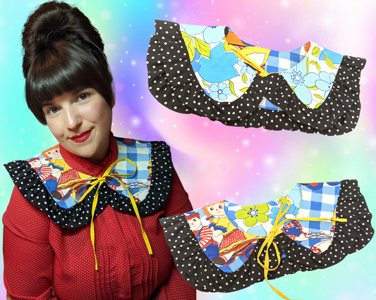 Handmade, Upcycled, Reversible Sailor Collar with Frill Made With a Raggedy Ann Bedsheet and Blue Floral Fabrics