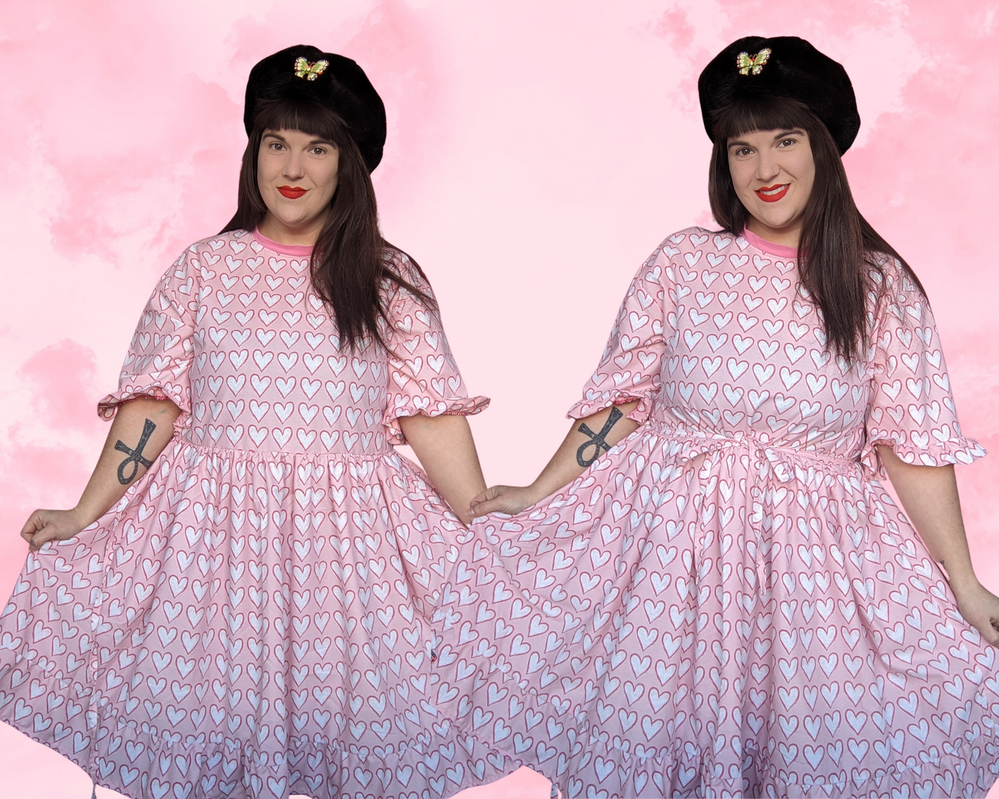 Handmade, Upcycled Valentine's Day Themed T-Shirt Dress, Pink Hearts Bedsheet Fits S-M-L-XL