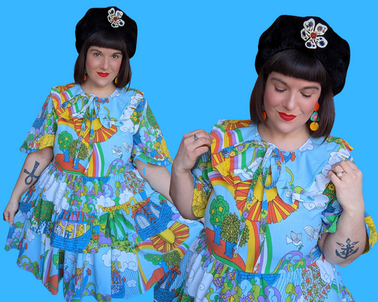Handmade, Upcycled Vintage 1970's Colorful, Groovy, Noah's Ark Bedsheet Dress with Matching Detachable Collar Size L