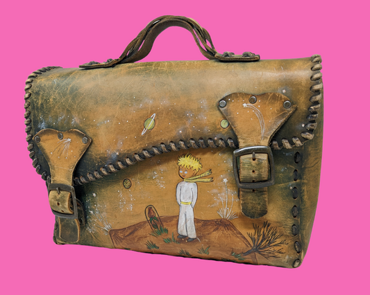 Vintage 1970's Genuine Leather Messenger Bag with Hand Carved Illustration of Le Petit Prince (The Little Prince) from Antoine de Saint-Exupéry