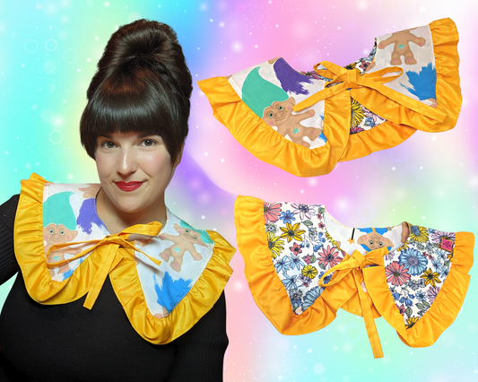 Handmade, Upcycled, Reversible Pilgrim Collar with Frill Made With a Vintage Trolls Bedsheet and Vintage Floral Fabric