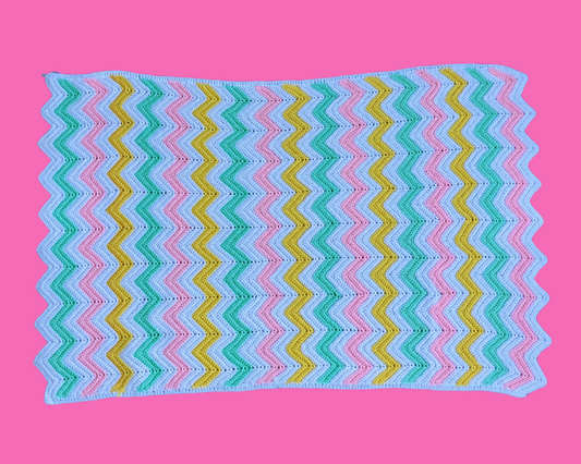 Vintage 1960's Pink, Green, Yellow and White Wool Crochet Blanket