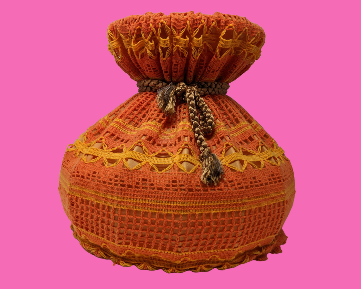 Vintage 1970's Orange Wool, Crochet, Macrame Lamp Shade