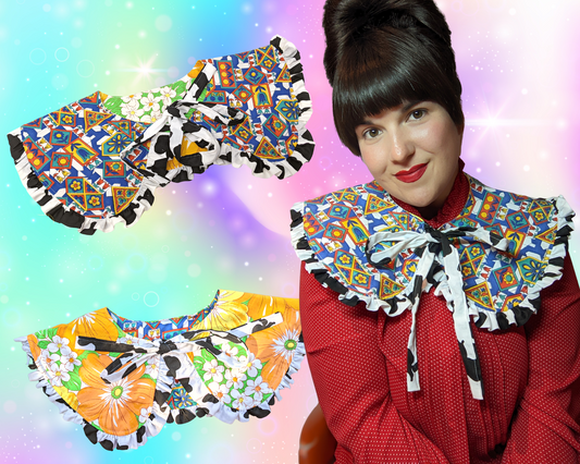 Col claudine réversible fait à la main, recyclé, avec volant, fabriqué avec deux tissus vintage.