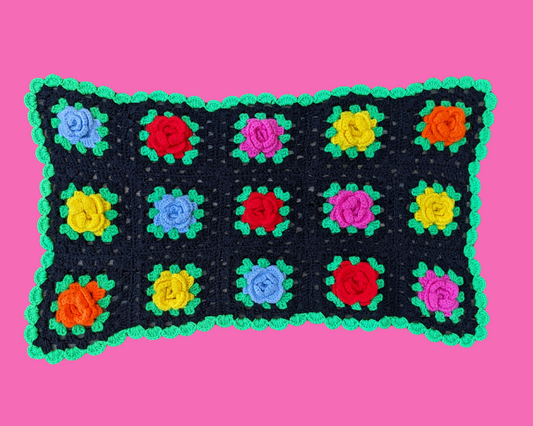 Vintage 1960's Small Rose Buds Crochet Blanket