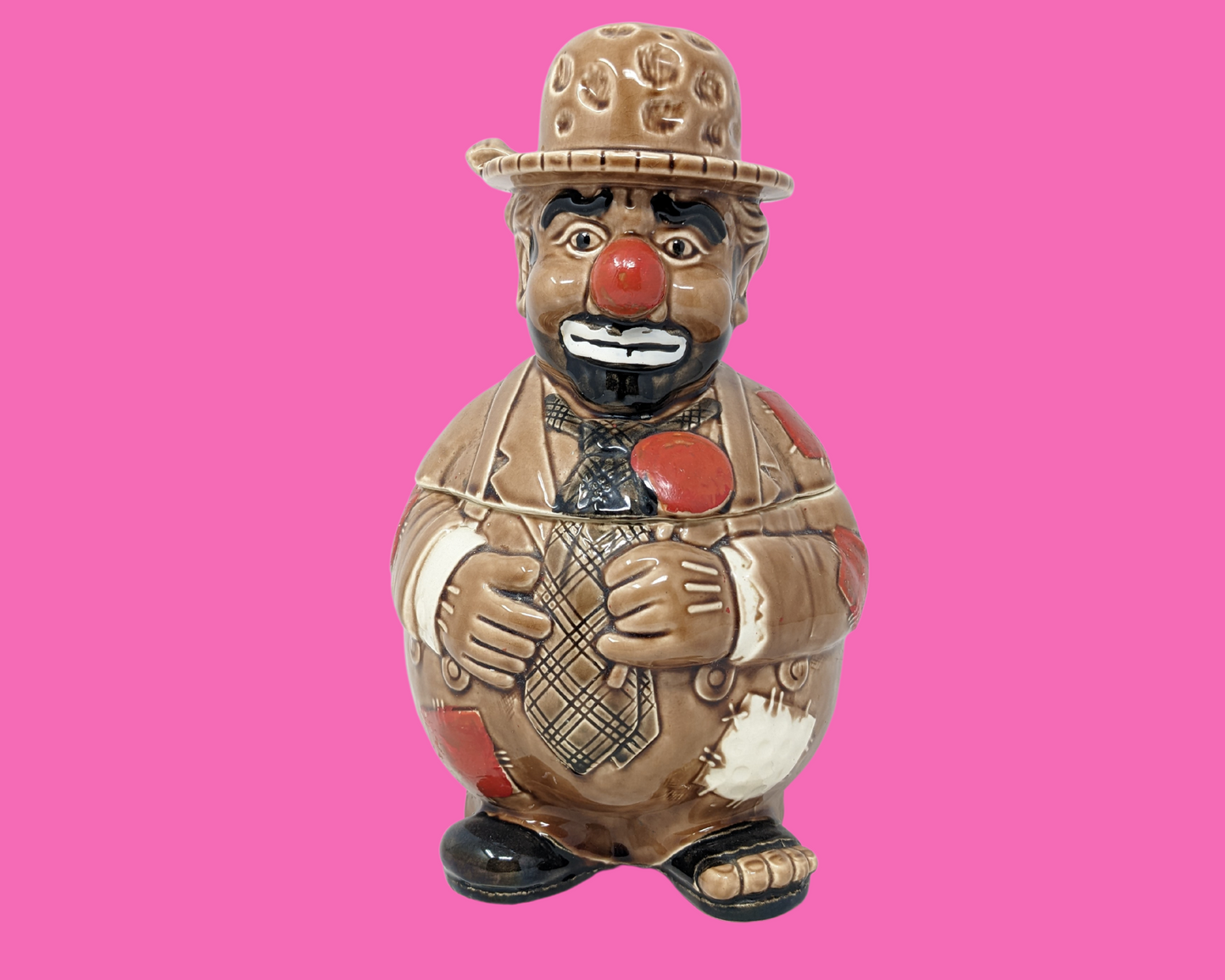 Vintage 1960's Hobo Clown Hand Painted Cookie Jar Made in Japan Imported by Woolworth